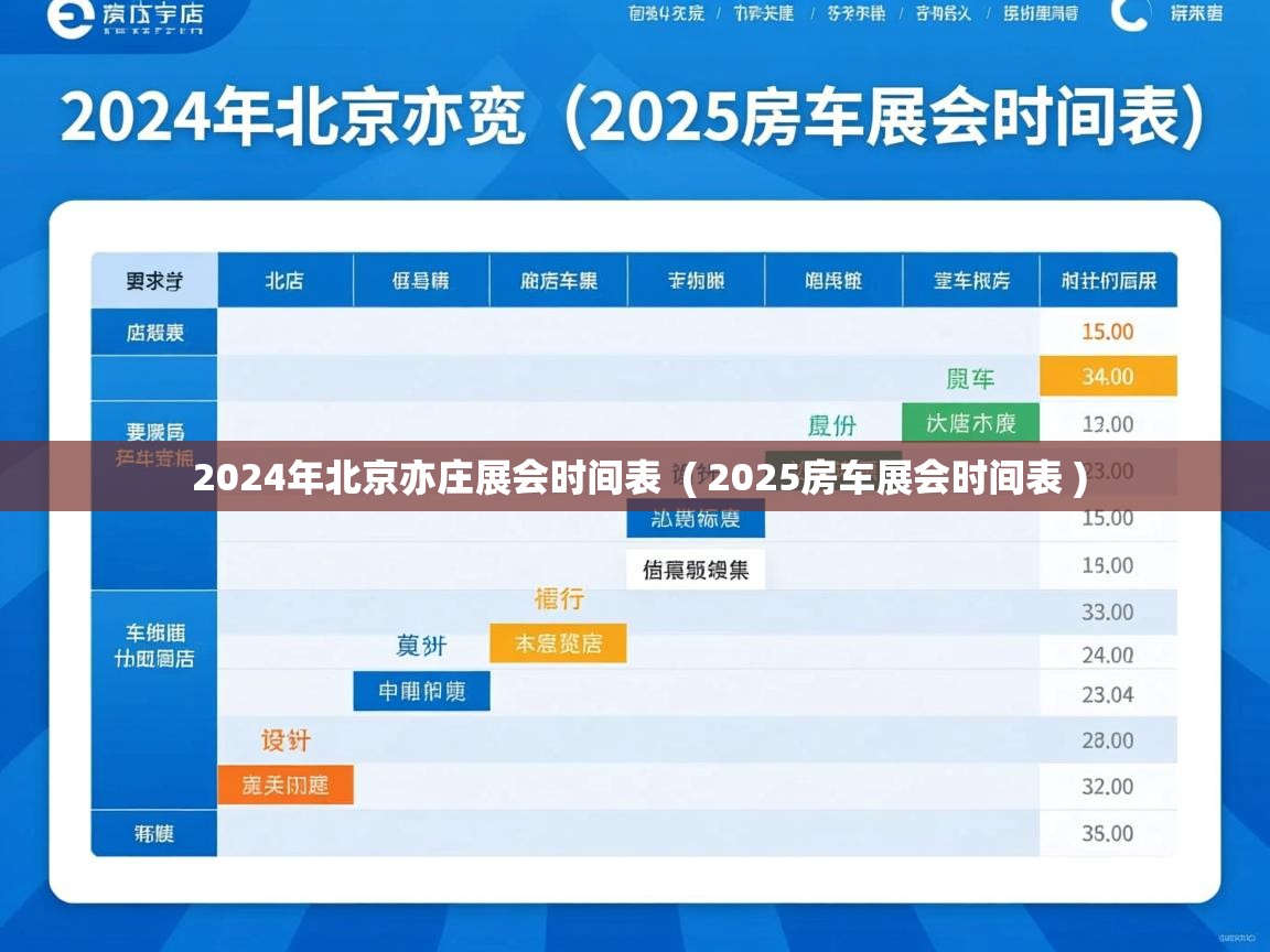 详细阅读: 2024年北京亦庄展会时间表  ( 2025房车展会时间表 )  2024年北京亦庄展会时间表  ( 2025房车展会时间表 )
