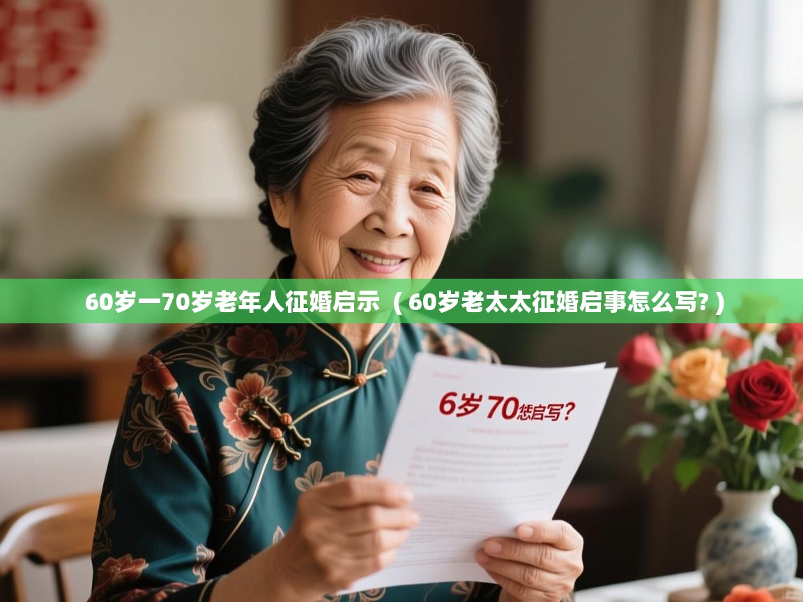 详细阅读: 60岁一70岁老年人征婚启示  ( 60岁老太太征婚启事怎么写? )  60岁一70岁老年人征婚启示  ( 60岁老太太征婚启事怎么写? )