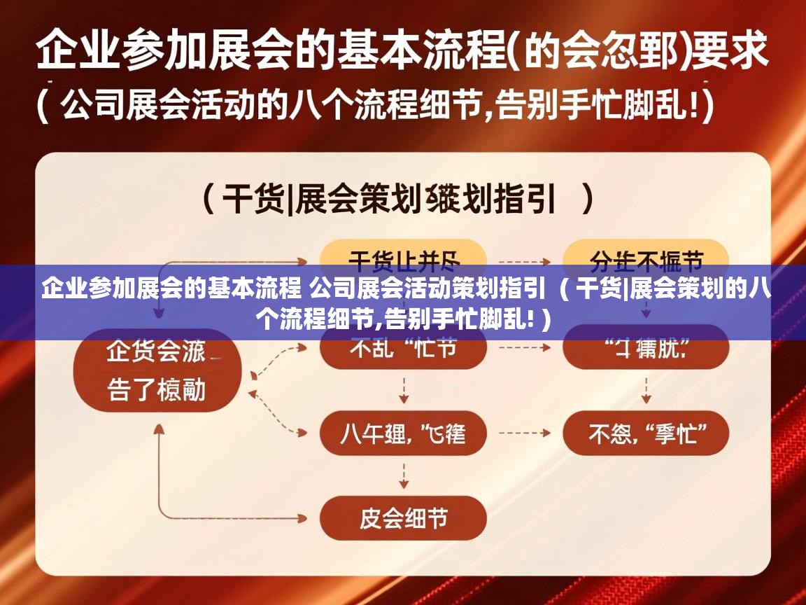 详细阅读: 企业参加展会的基本流程 公司展会活动策划指引  ( 干货|展会策划的八个流程细节,告别手忙脚乱! )  企业参加展会的基本流程 公司展会活动策划指引  ( 干货|展会策划的八个流程细节,告别手忙脚乱! )