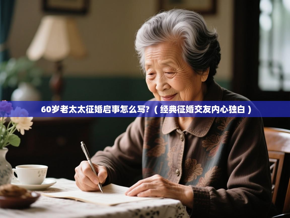 详细阅读: 60岁老太太征婚启事怎么写?  ( 经典征婚交友内心独白 )  60岁老太太征婚启事怎么写?  ( 经典征婚交友内心独白 )