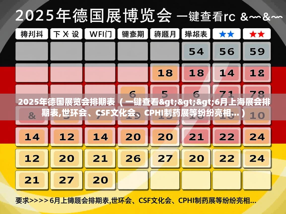 2025年德国展览会排期表  ( 一键查看>>>6月上海展会排期表,世环会、CSF文化会、CPHI制药展等纷纷亮相... )  2025年德国展览会排期表  ( 一键查看>>>6月上海展会排期表,世环会、CSF文化会、CPHI制药展等纷纷亮相... )
