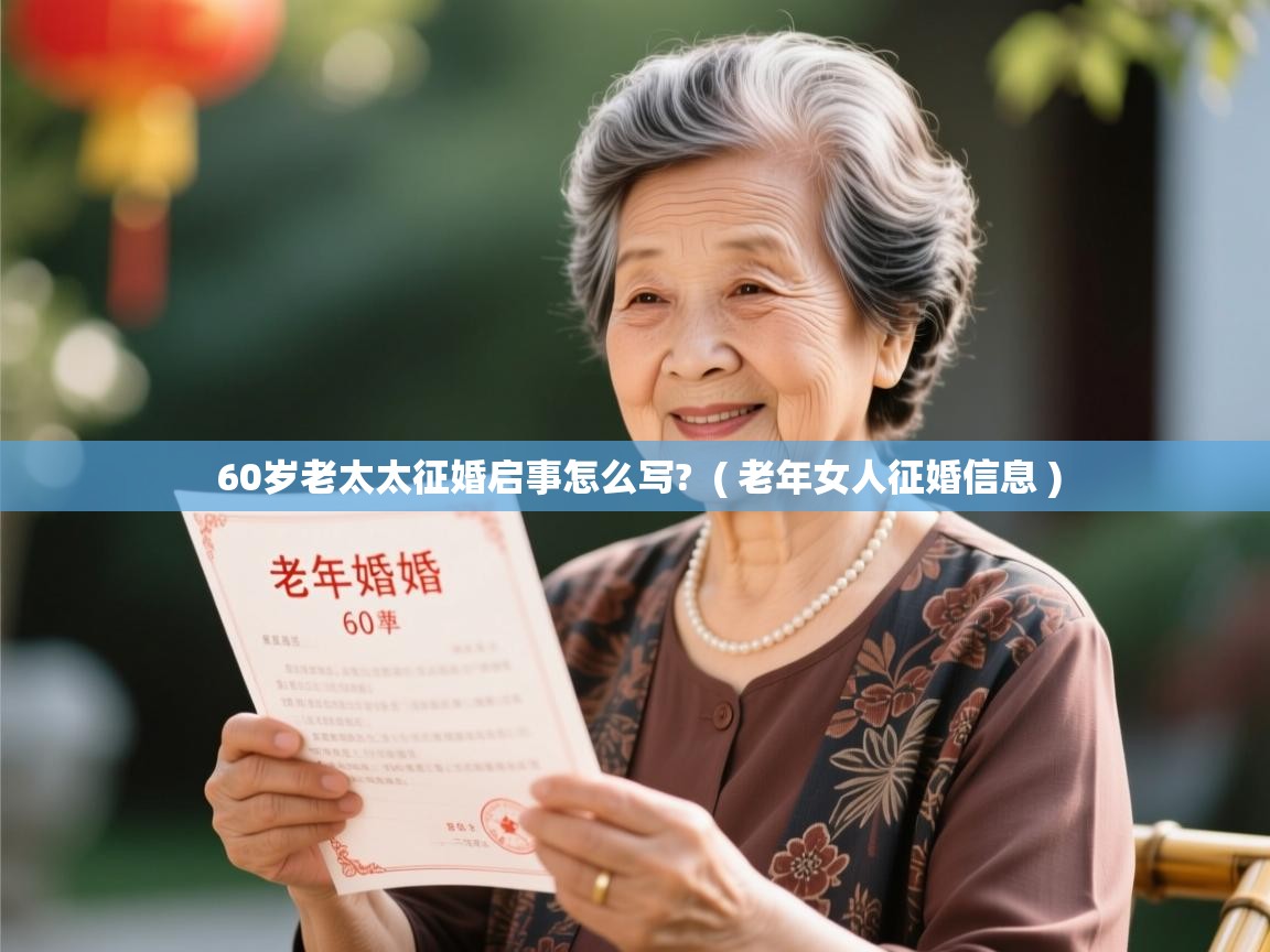 详细阅读: 60岁老太太征婚启事怎么写?  ( 老年女人征婚信息 )  60岁老太太征婚启事怎么写?  ( 老年女人征婚信息 )