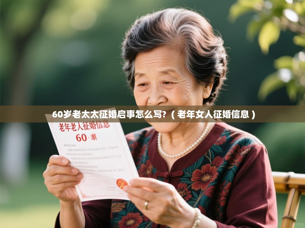 详细阅读: 60岁老太太征婚启事怎么写?  ( 老年女人征婚信息 )  60岁老太太征婚启事怎么写?  ( 老年女人征婚信息 )