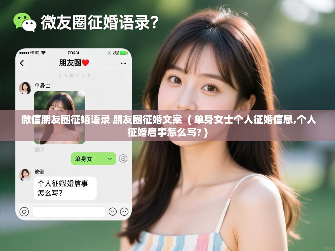 详细阅读: 微信朋友圈征婚语录 朋友圈征婚文案  ( 单身女士个人征婚信息,个人征婚启事怎么写? )  微信朋友圈征婚语录 朋友圈征婚文案  ( 单身女士个人征婚信息,个人征婚启事怎么写? )