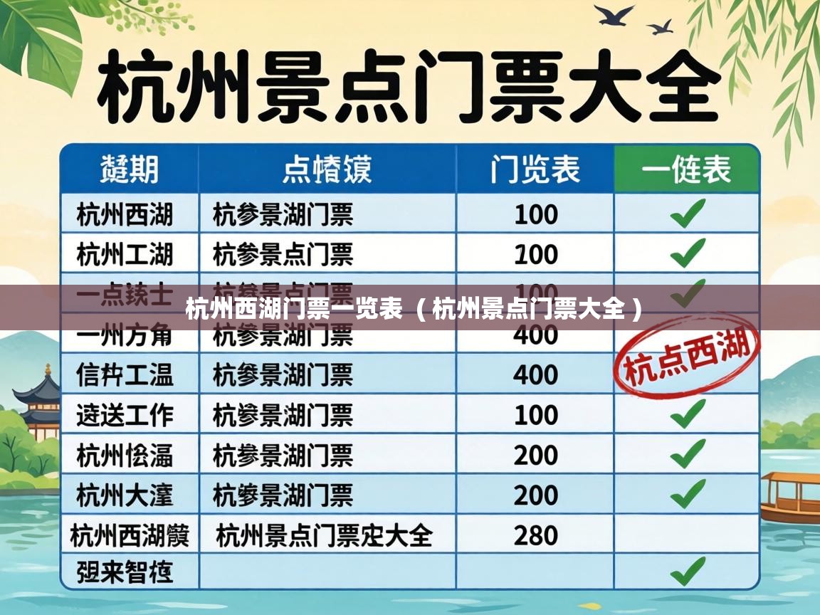  杭州西湖门票一览表  ( 杭州景点门票大全 )