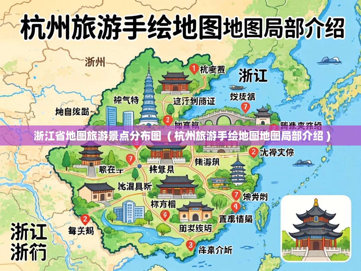  浙江省地图旅游景点分布图  ( 杭州旅游手绘地图地图局部介绍 )