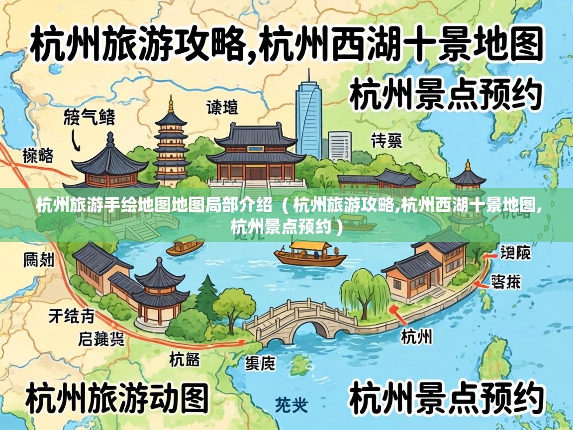  杭州旅游手绘地图地图局部介绍  ( 杭州旅游攻略,杭州西湖十景地图,杭州景点预约 )