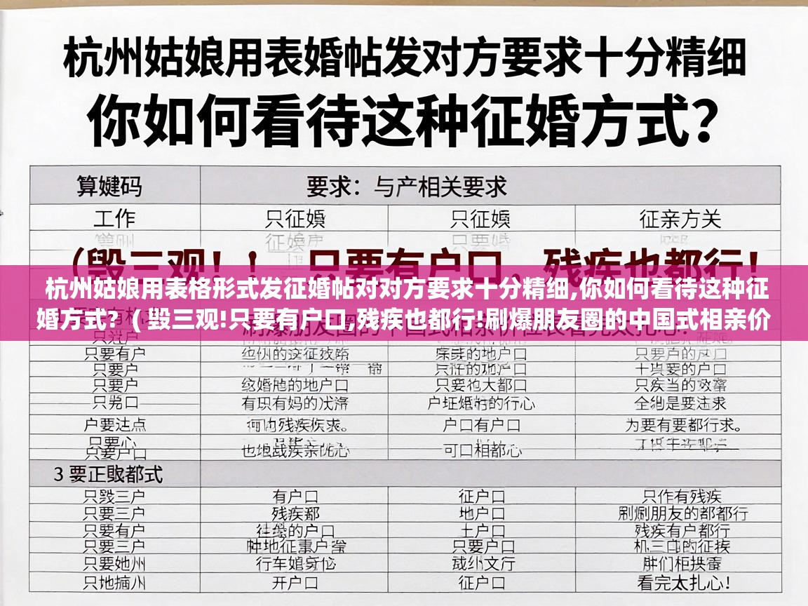  杭州姑娘用表格形式发征婚帖对对方要求十分精细,你如何看待这种征婚方式?  ( 毁三观!只要有户口,残疾也都行!刷爆朋友圈的中国式相亲价位表,看完太扎心! )